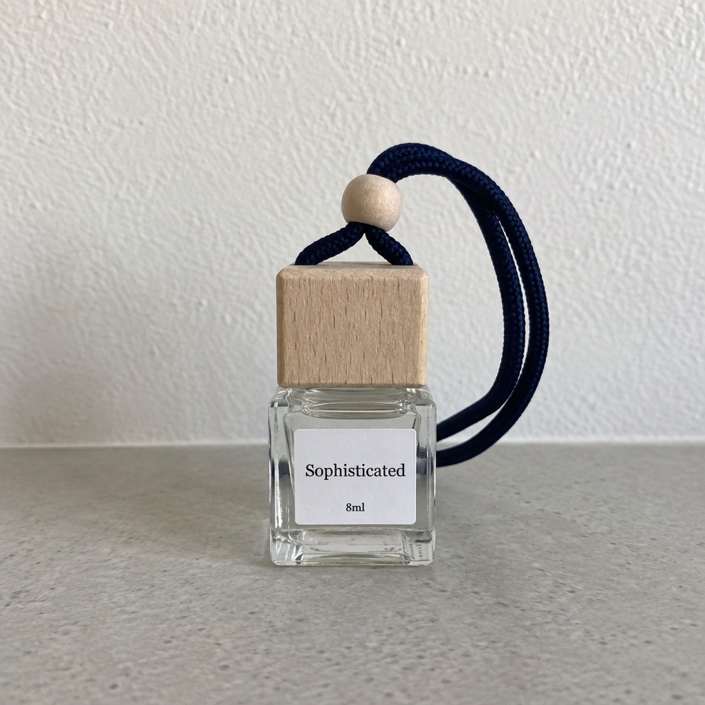 Sophisticated 8 ml clear-liquid car diffuser bottle with labelled glass and navy cord