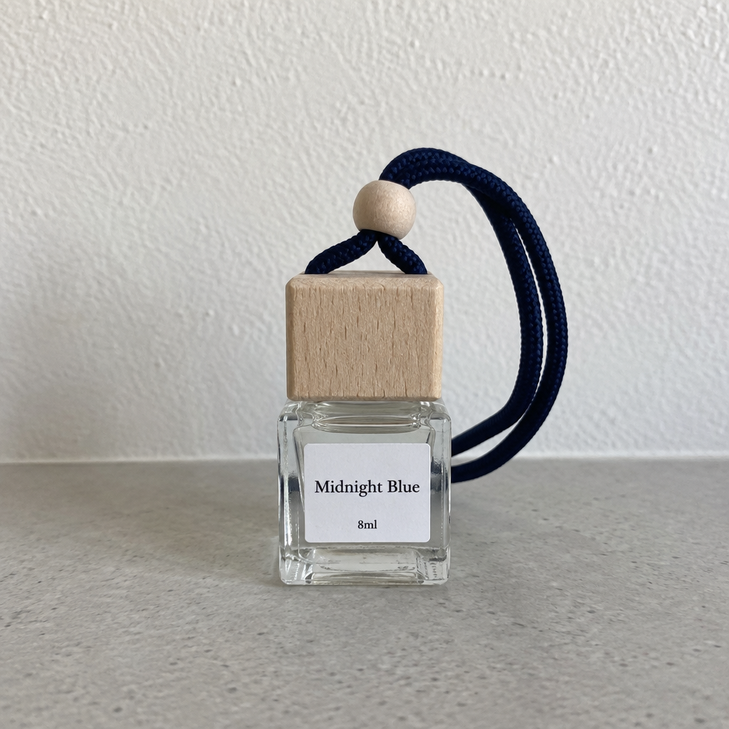 Midnight Blue car diffuser 8 ML with clear liquid and navy hanging cord