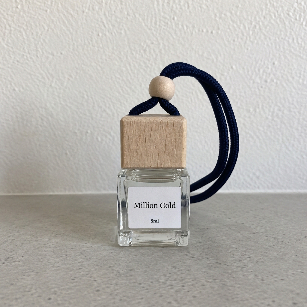 Million Gold 8 ml clear-liquid car diffuser bottle with labelled glass and navy cord